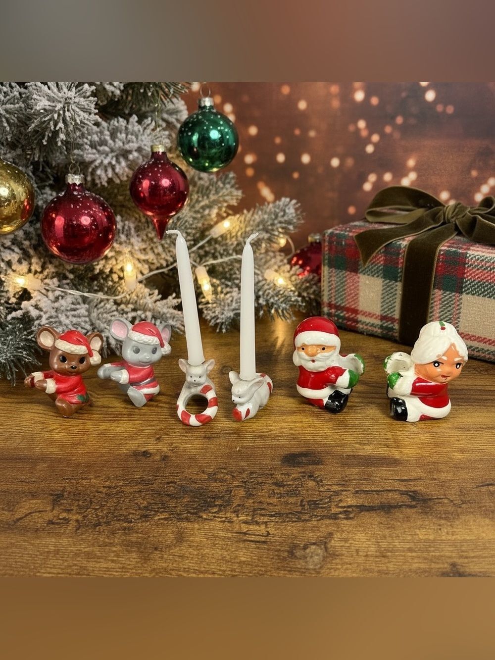 Vintage Christmas Candle Huggers Ceramic Mouse Santa Mrs Claus Ceramic Set of 6
